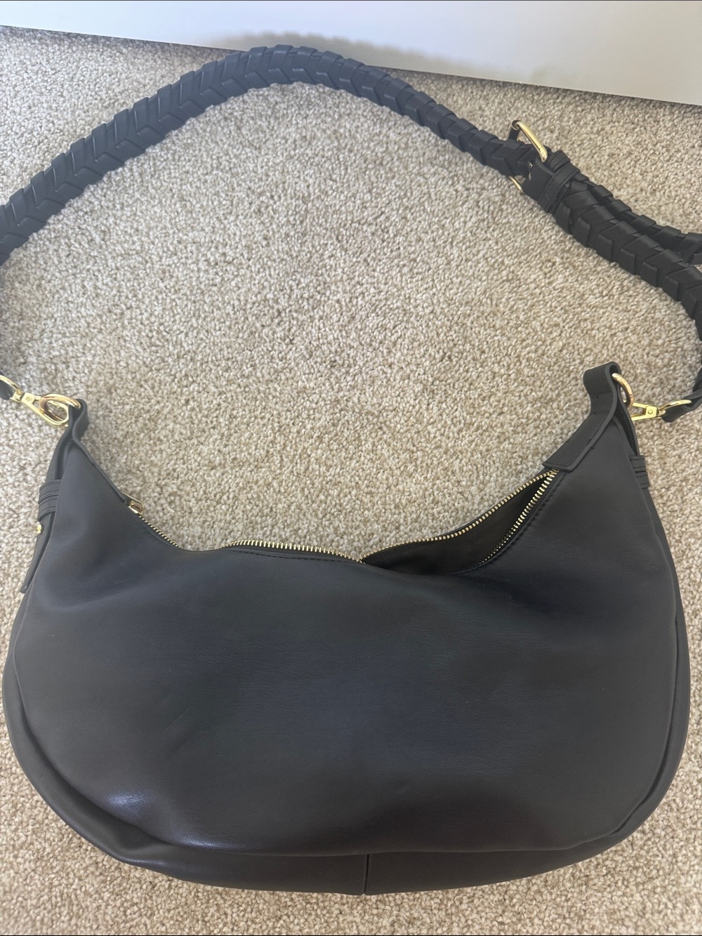 Black Braided-Handle Hobo Bag with Gold Hardware